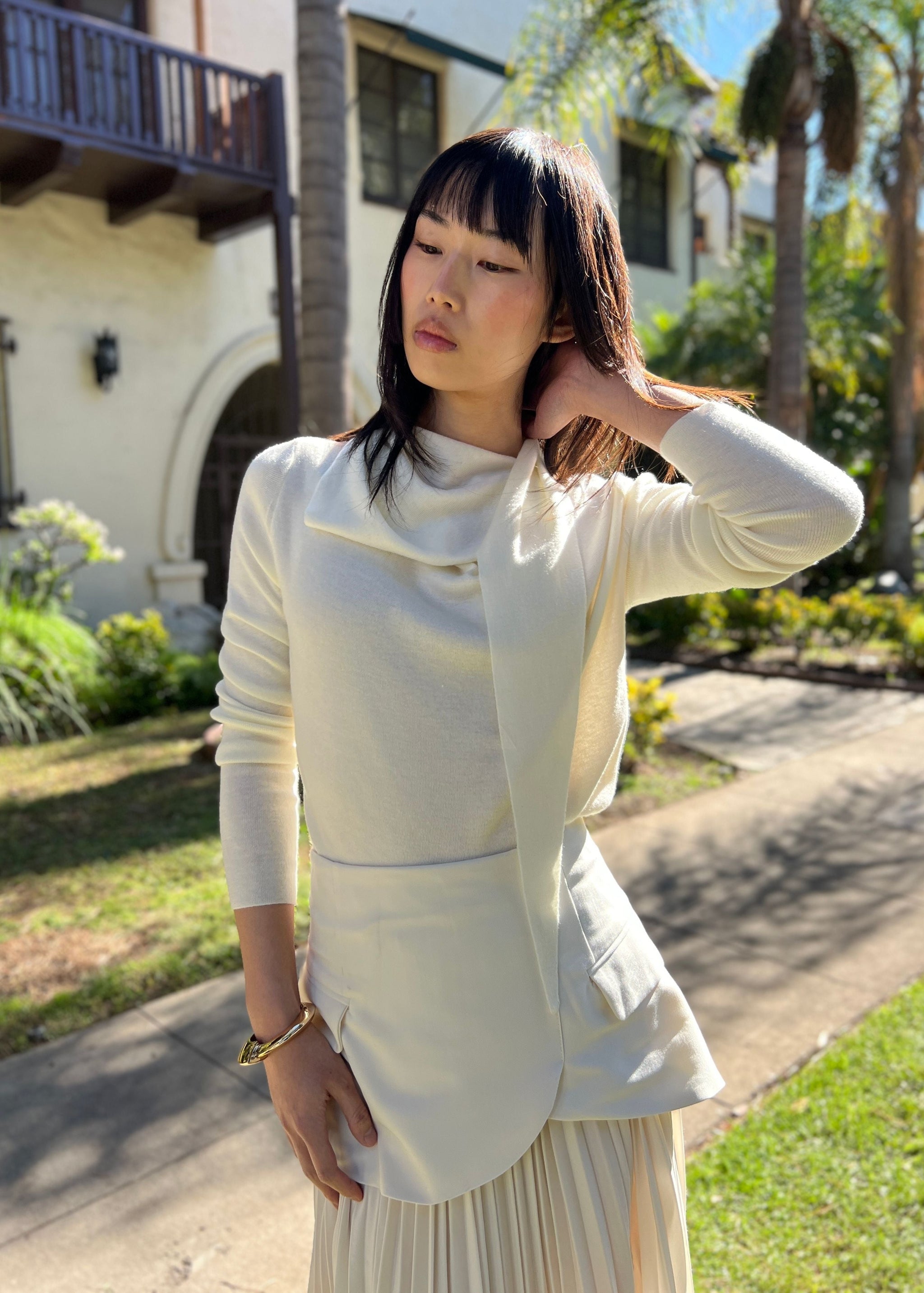 トップス celon raccoon wool drape neck knit ivory Ivory Cable Knit Turtleneck Sweater X36431