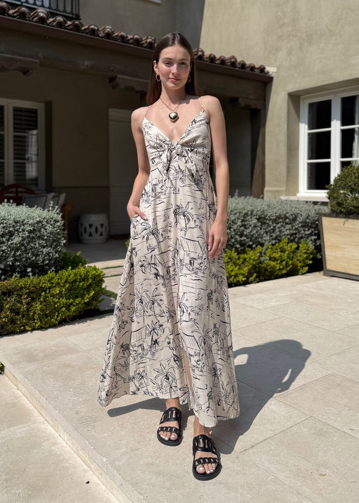 Malika Cream and Black Island Print Flowy Maxi Dress Large Malika Cream and Black Island Print Flowy Maxi Dress Large