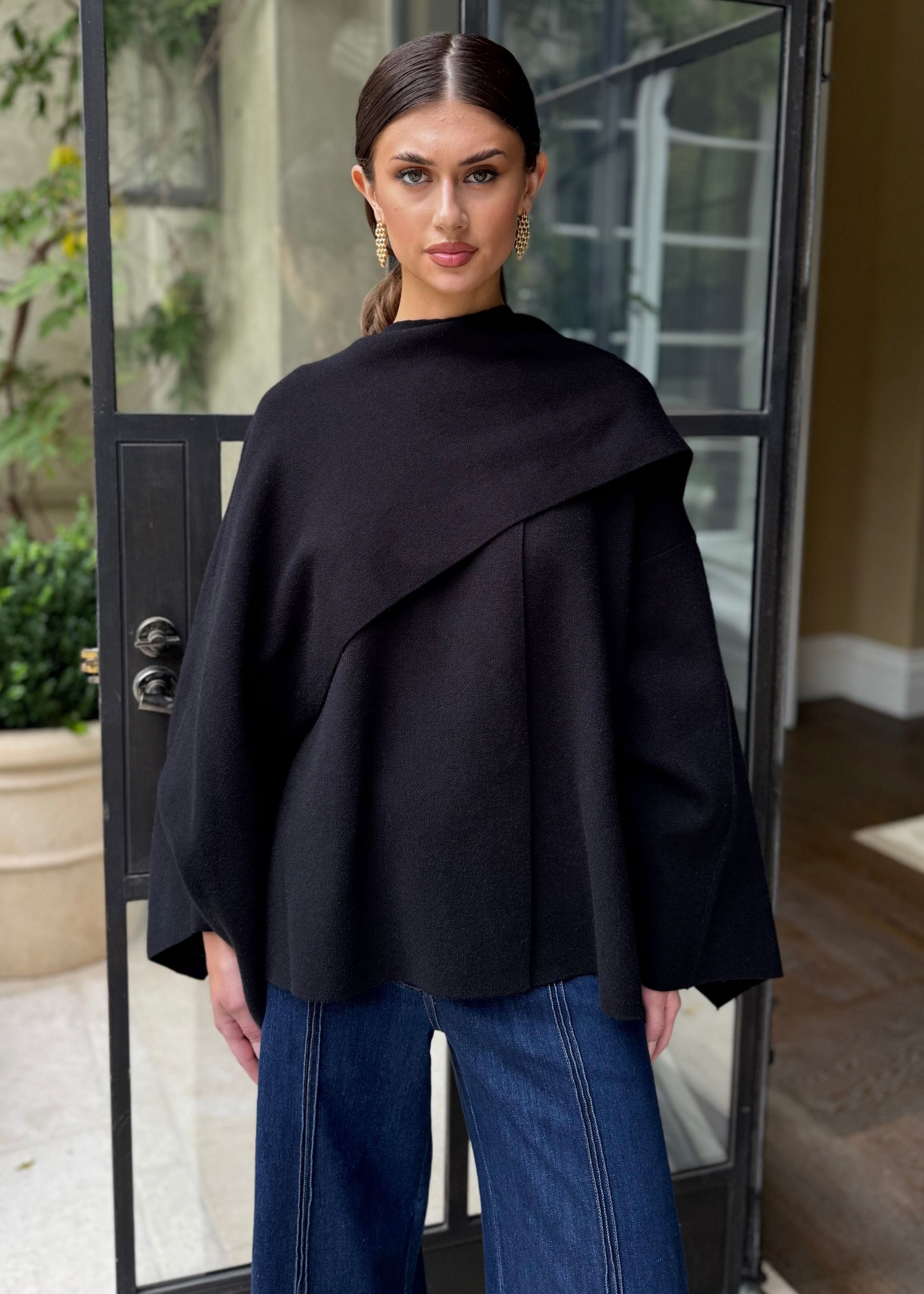 Adira Asymmetrical Cape Jacket with Attached Shawl - Espresso