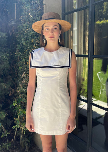 white dress with navy contrast piping square sailor dress neckline short mini dress