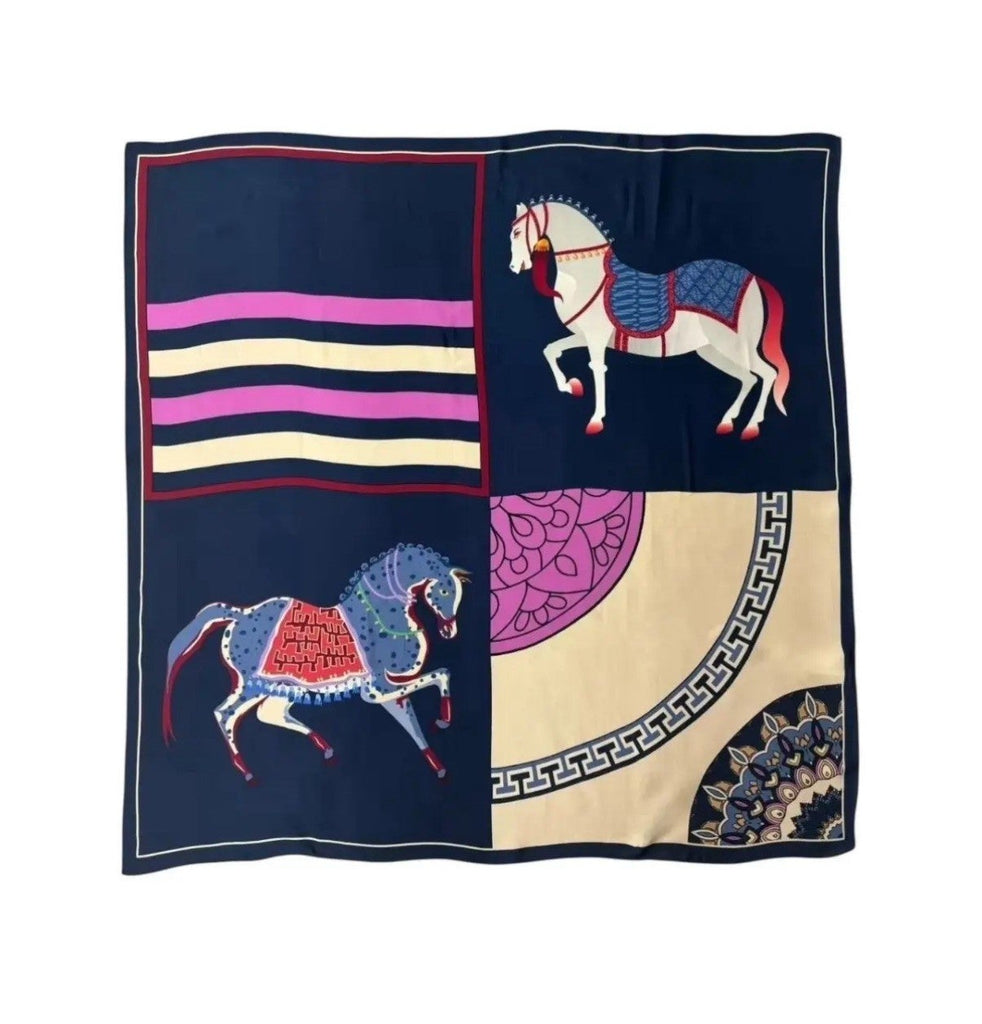 Navy blue fabric with horse designs and colorful patterns on a white background