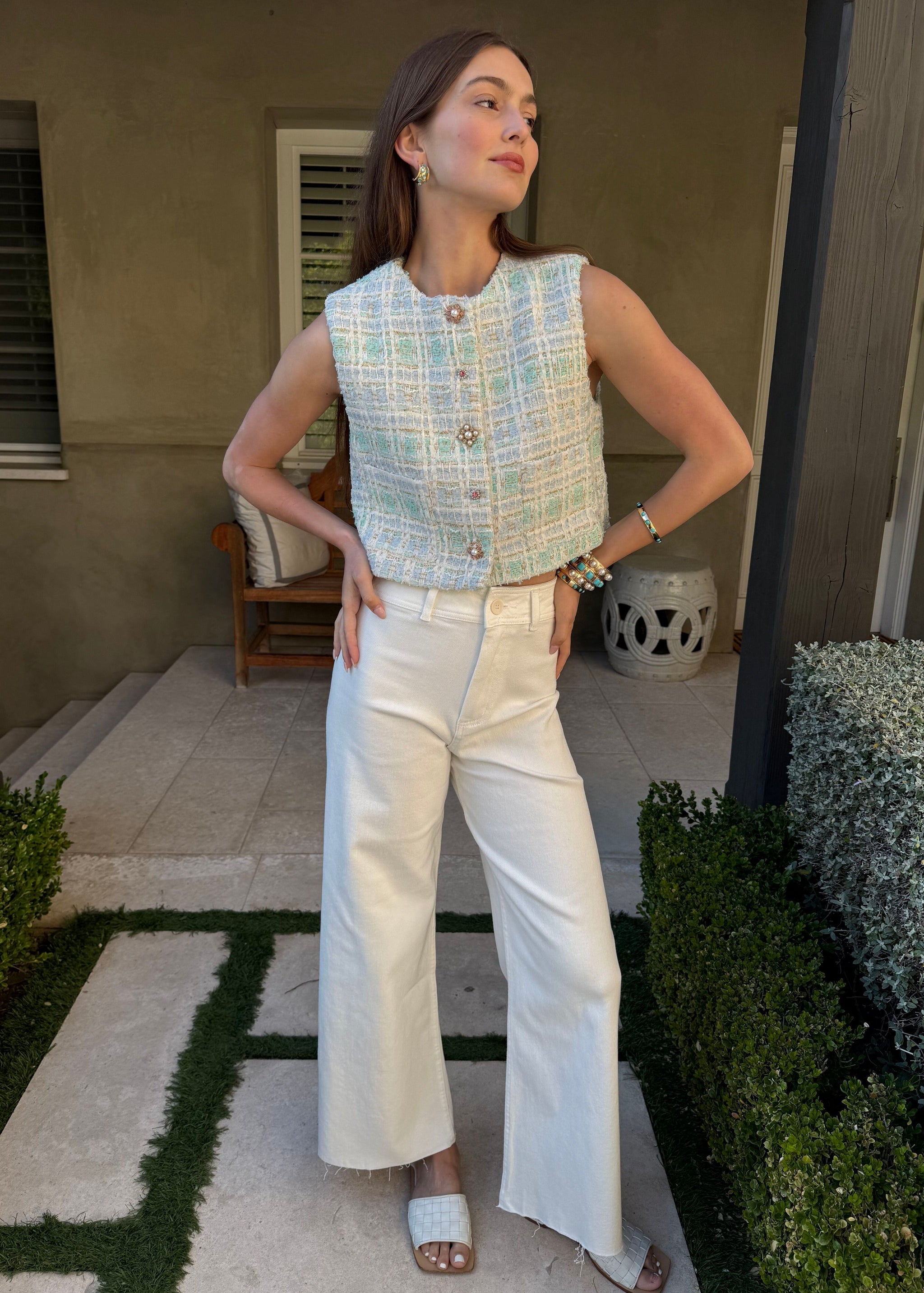 Cynthia Tweed Vest Top with Pearl and Rhinestone Buttons