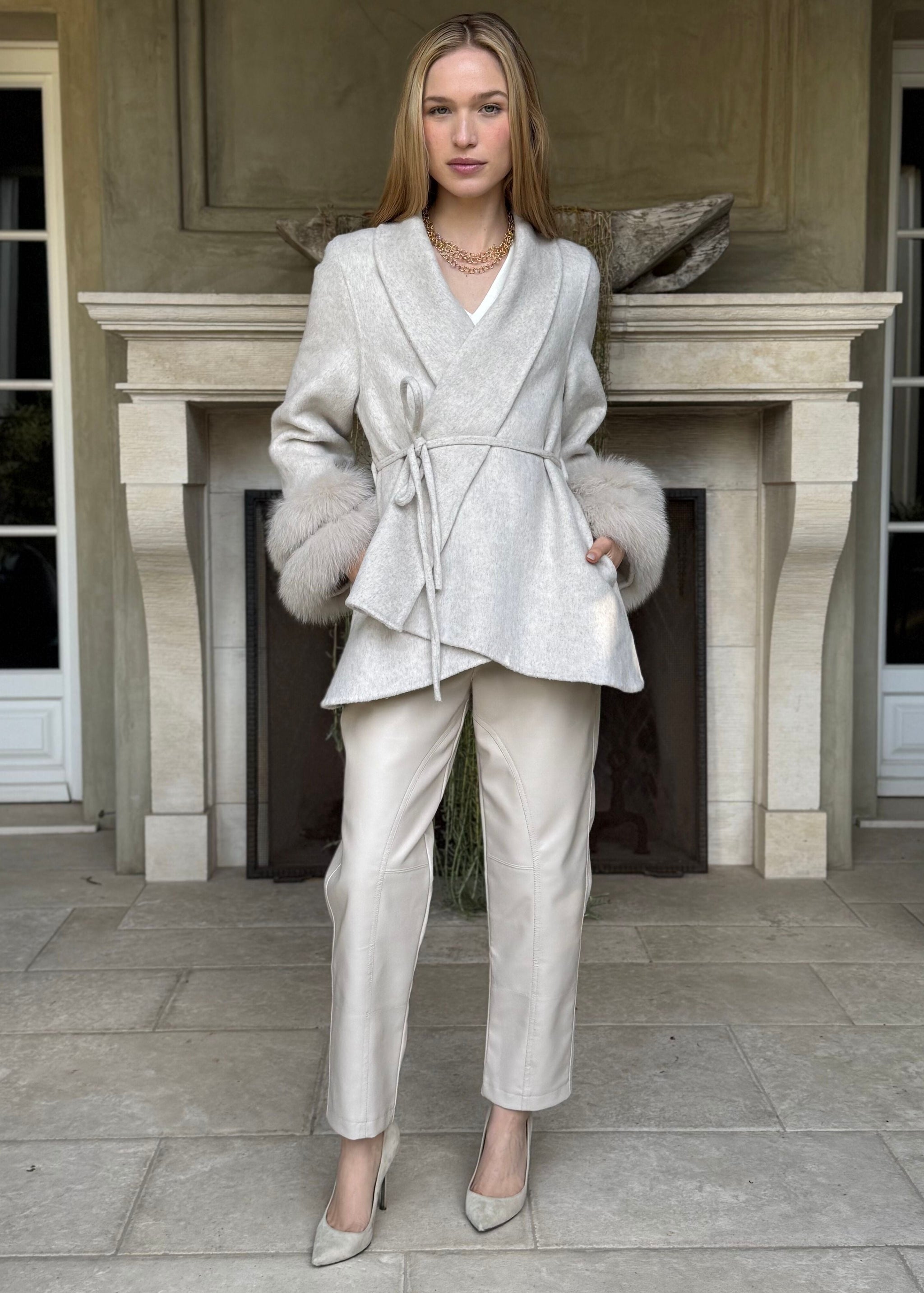 Elsie Light Taupe Wool Cardigan Coat with Detachable Fur Cuffs