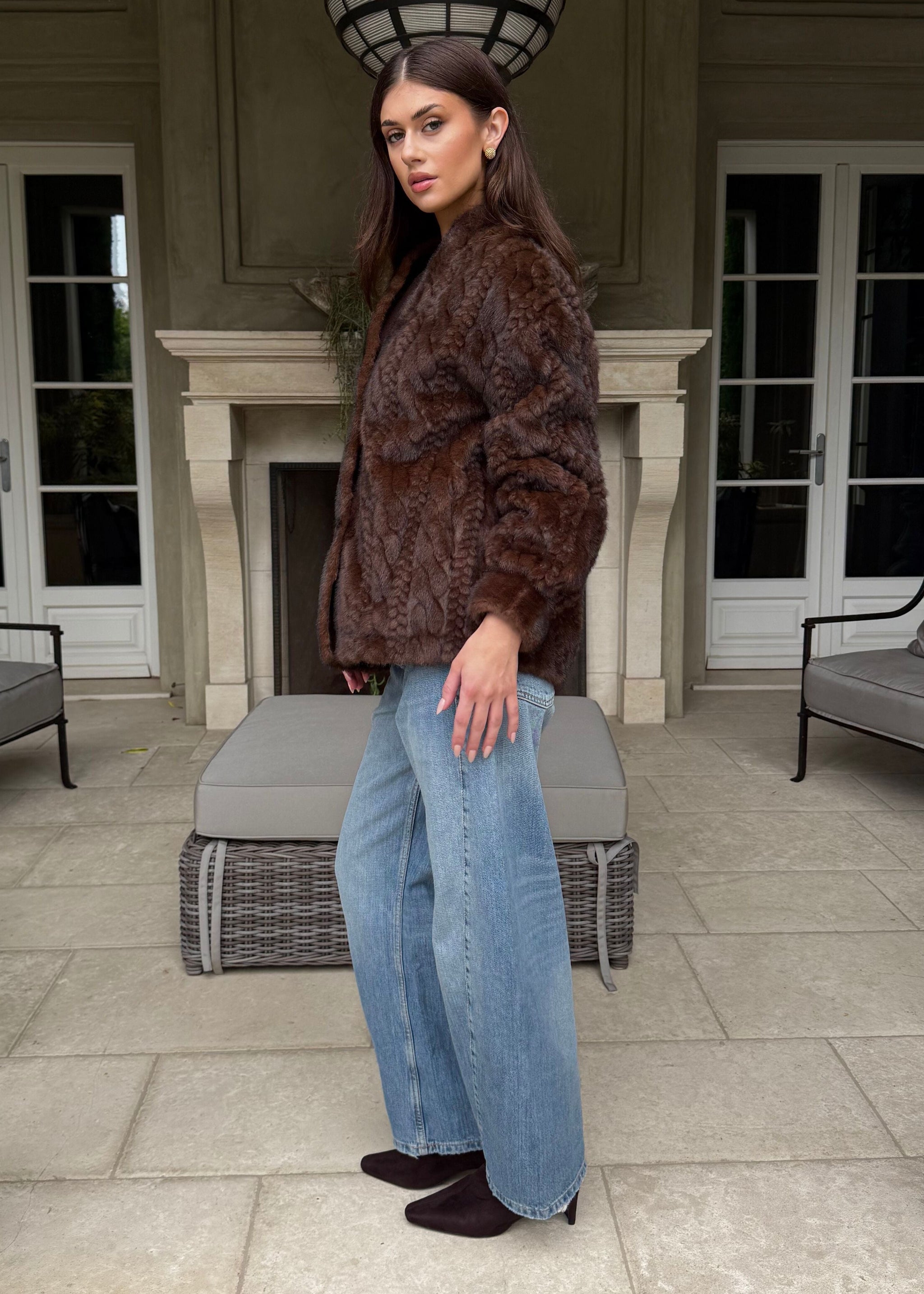 Hollis Braided Texture Long Sleeve Faux Fur Coat - Chocolate Brown