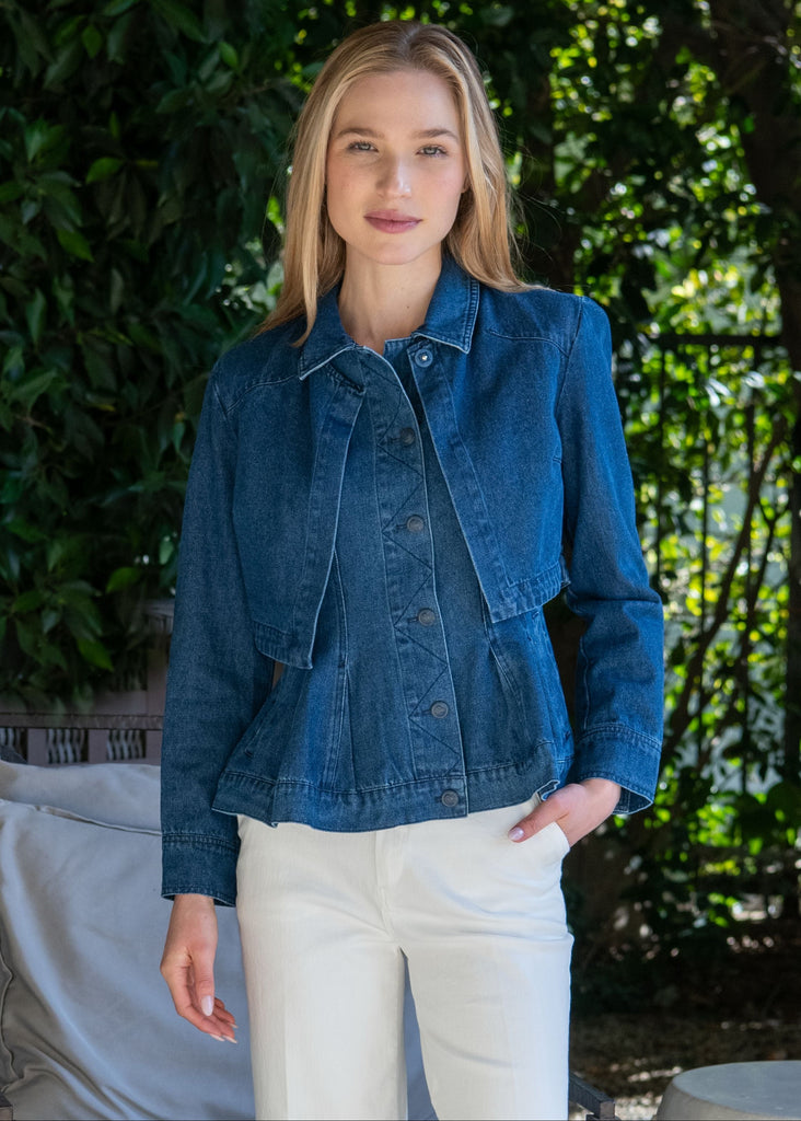 Jonah Layered Denim Peplum Vest and Crop Jacket Set - Blue Jean