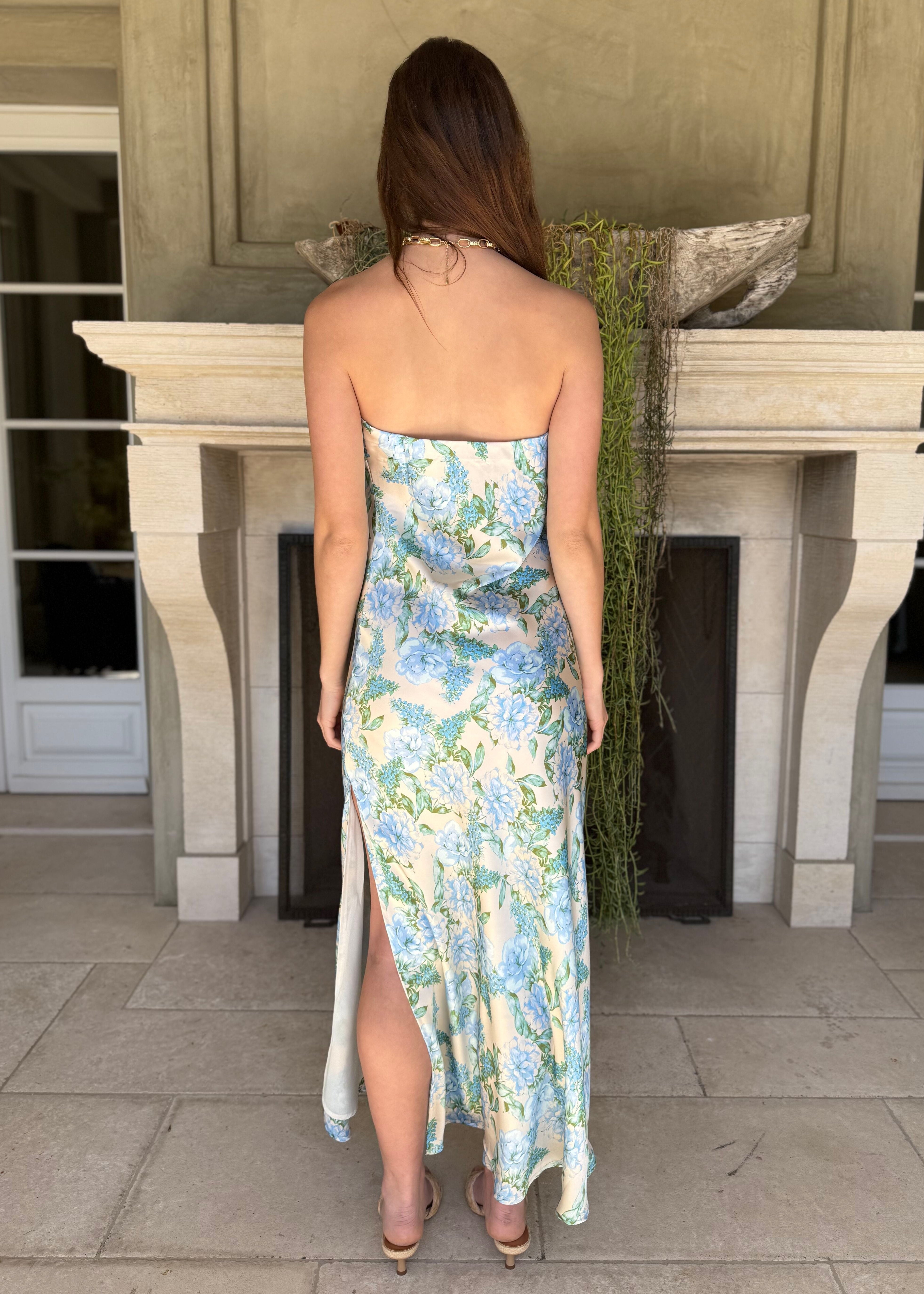 Aria Blue Floral Strapless Maxi Dress with Side Slit Benaar LA Aria Blue Floral Strapless Maxi Dress with Side Slit Benaar LA