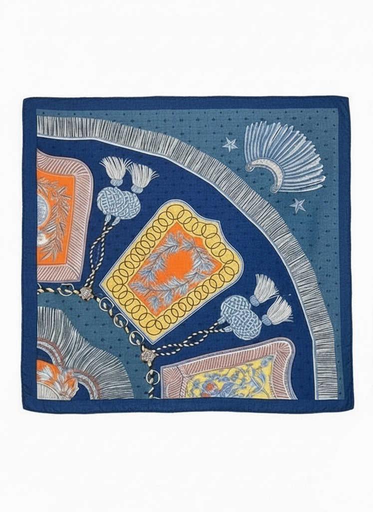 Decorative blue fabric with intricate patterns on a metal stand in an indoor setting.