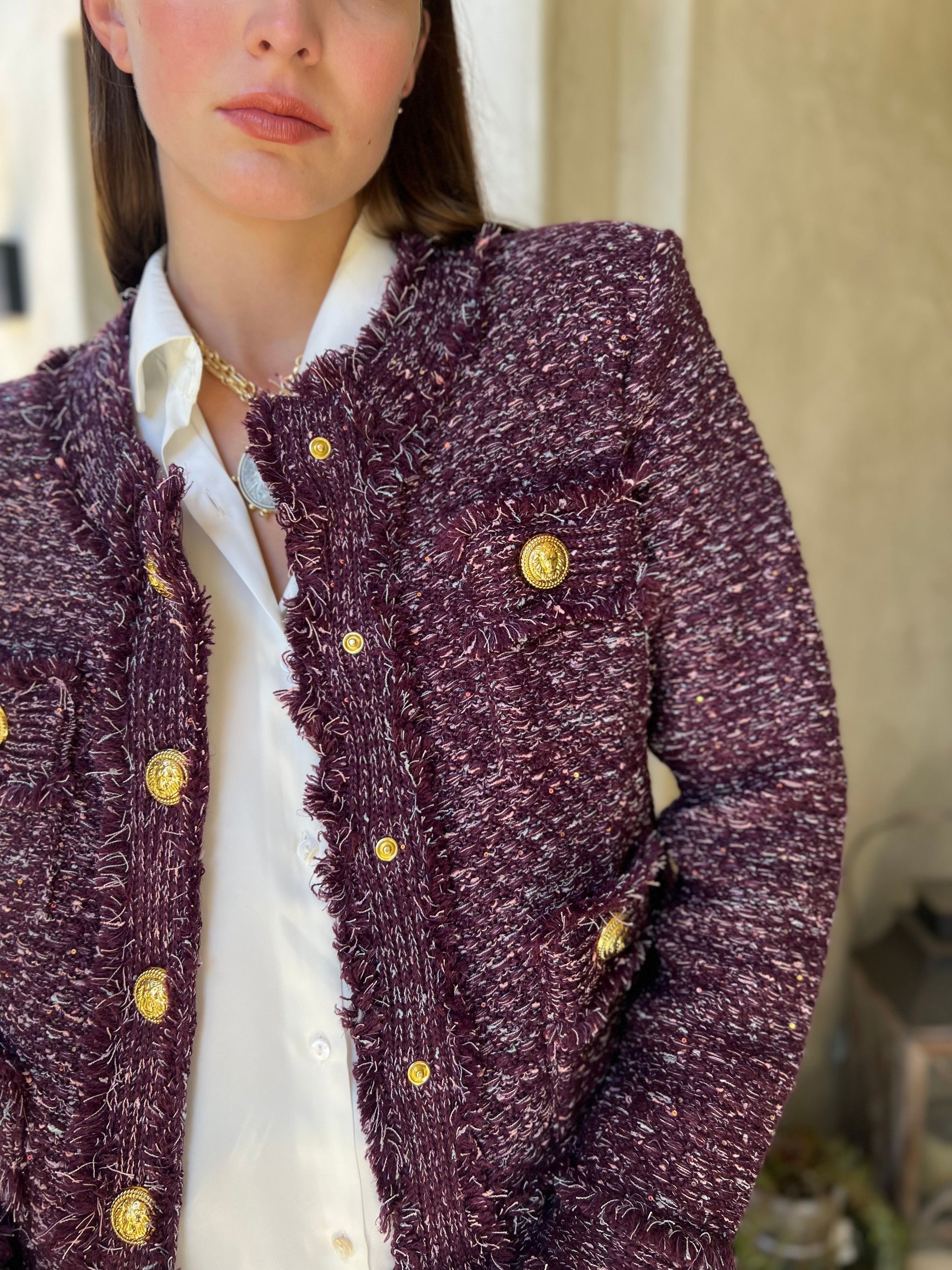 Bethany Tweed Jacket with Gold Buttons - Eggplant – Benaar LA
