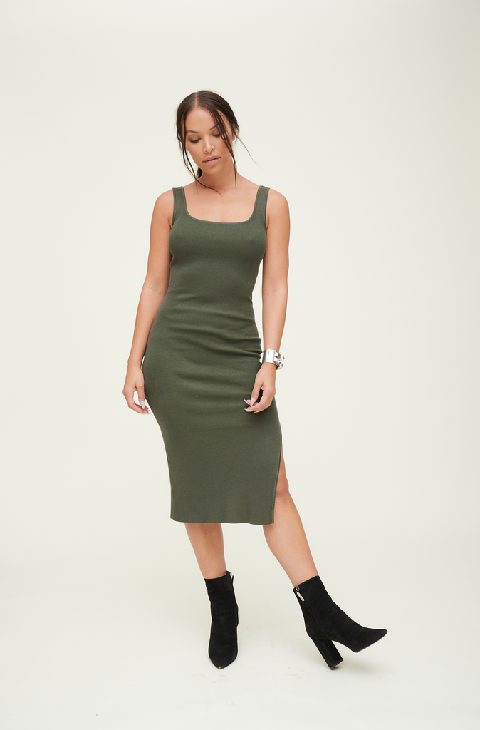 Benaar La Morena Knit Fitted Dress Olive Green Small